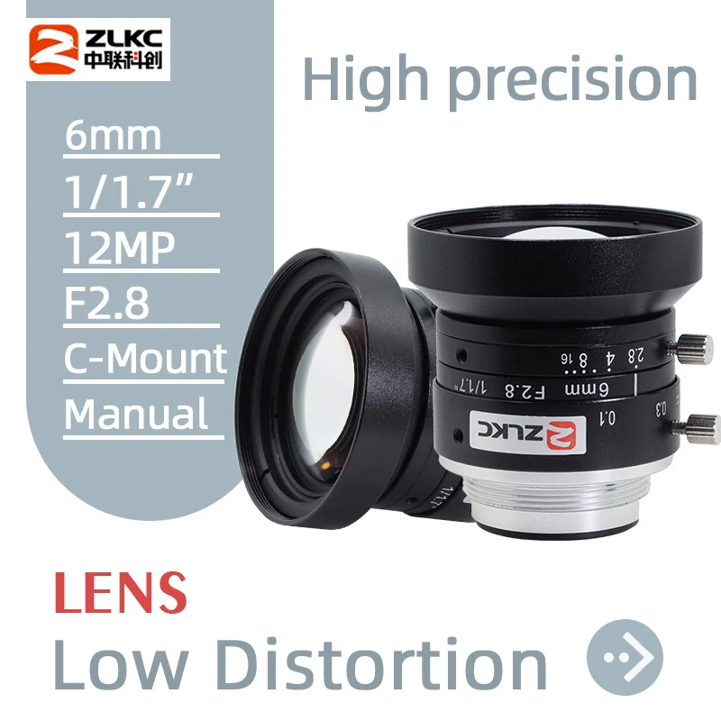 ZLKC 1/1.7'' Camera Lens 6mm Wide-Angle Lens 12MP C-Mount Machine Vision Lens F2.8-F16 Manual Iris High Resolution FA Cameras
