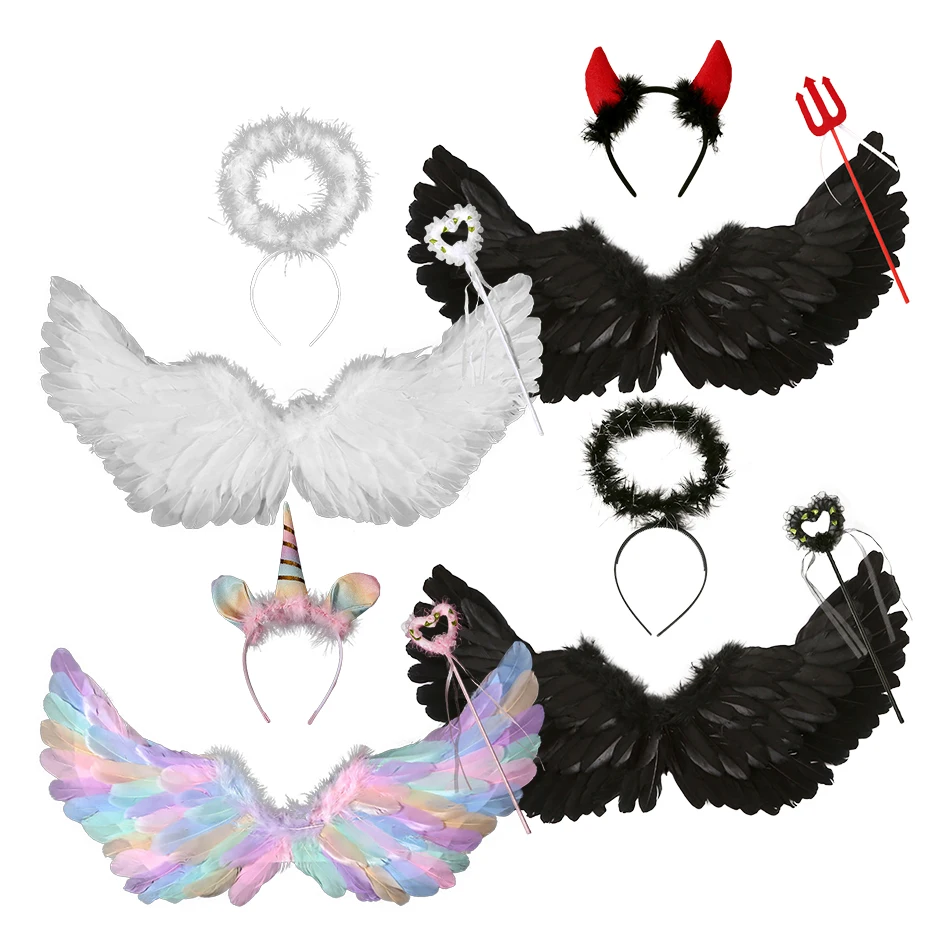 Girls Feather Angel Devil Wings Headband Magic Wand Set Kids Angel Wings Party Halloween Stage Performances Accessories