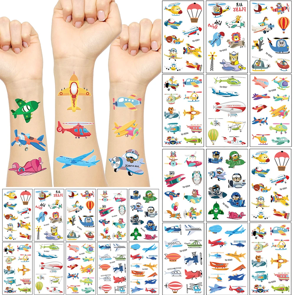 10Pcs/set Cartoon Airplane Temporary Tattoos Sticker Arm Hand Fake Tattoo for Kids Boys Airplane Birthday Party Favor Gift Decor