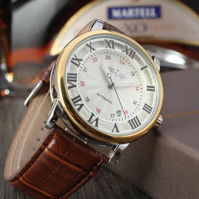 Luxury Brand New Style Fashion White Golden Clock Date Display Brown Leather Belt Mechanical Automatic Self Wind Watches for Men