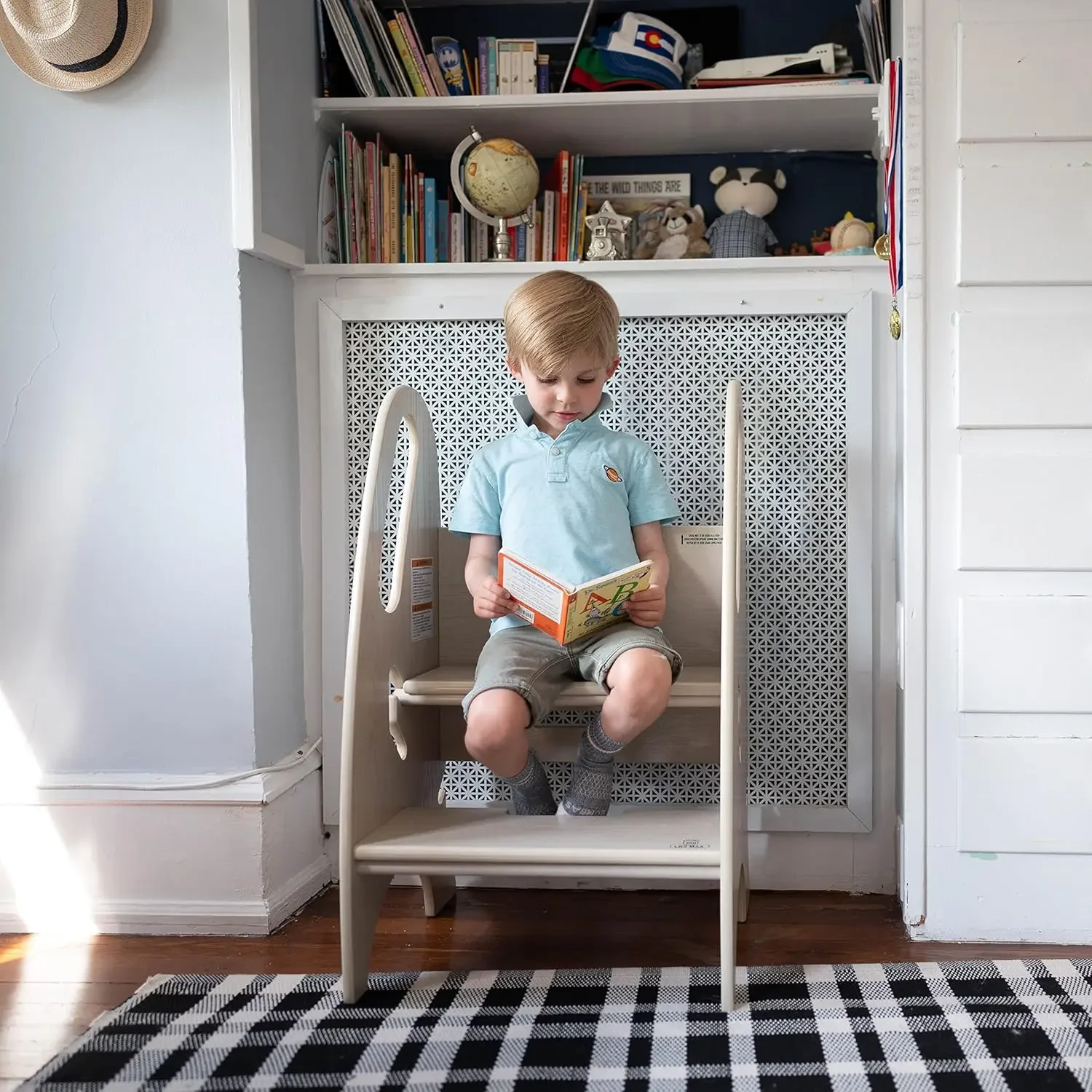 3-in-1 Growing Step Stool Toddler Tower Helper, Wooden Toddler Standing Stool for Bathroom or Kitchen, Anti-Slip Feet,