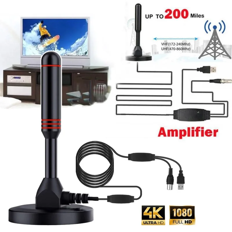 Conjunto de Receptor de TV Digital HD Indoor, Conjunto Aéreo ao Ar Livre, 200Miles, DVB-T2, VHF, UHF, Base Magnética