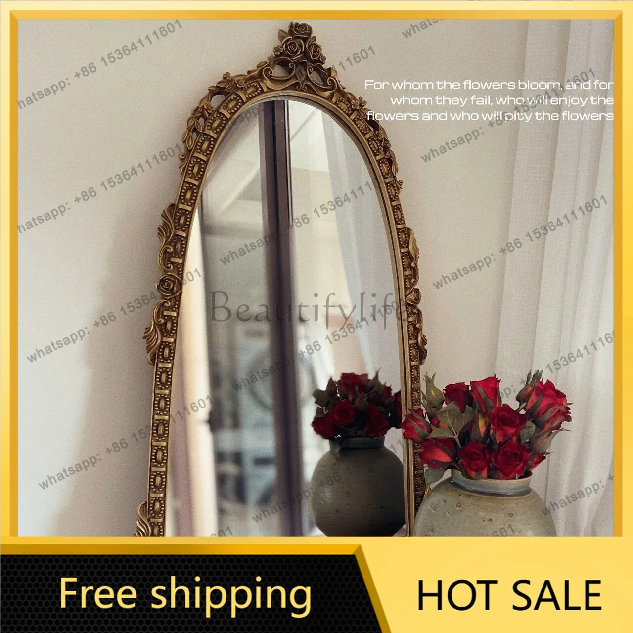 XX. French retro carved background wall decorative mirror American bedroom wall hanging makeup mirror