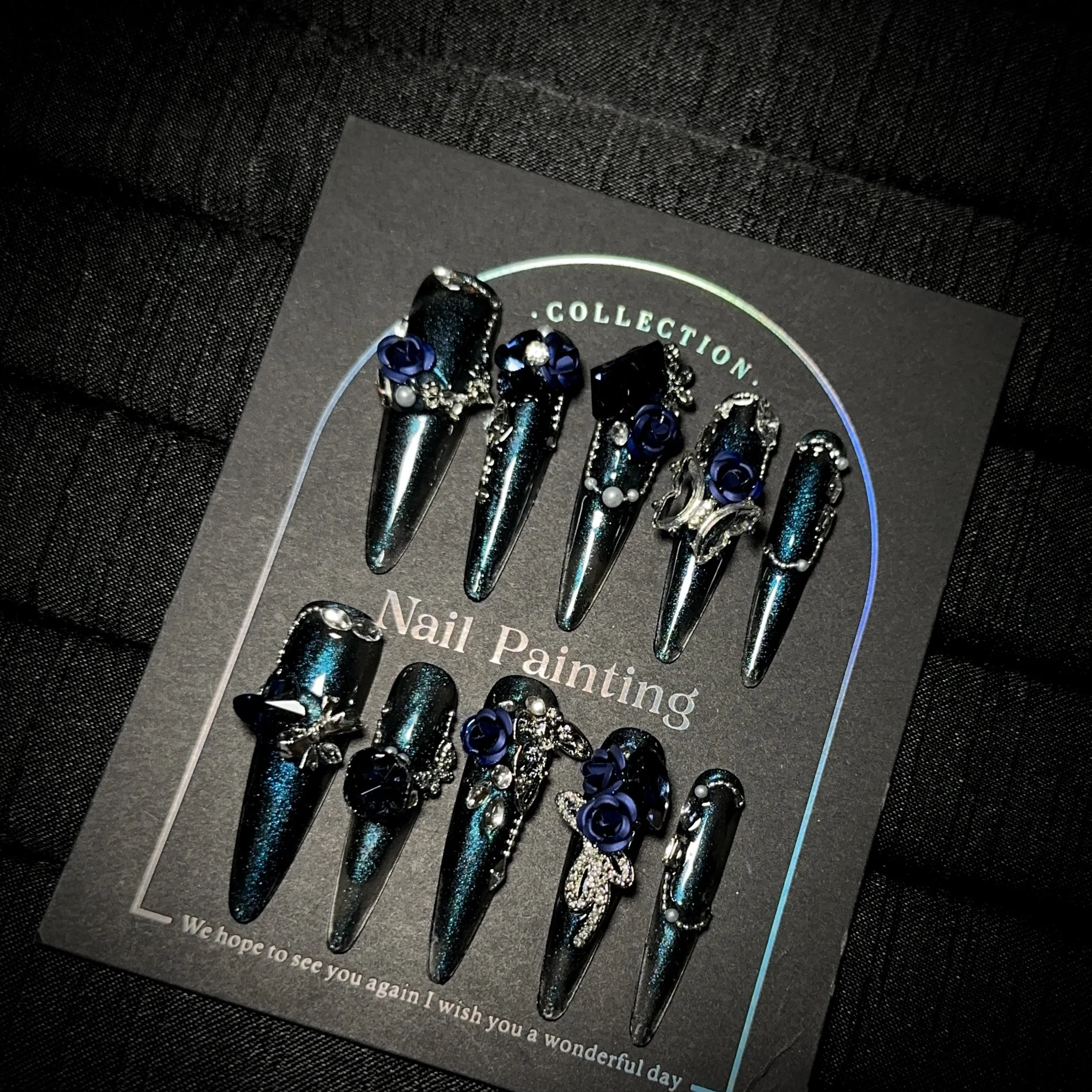 

10 шт., пресс ручной работы на ногтях, блестящий высококачественный темно-синий пятно, длинный высококачественный дизайн ногтей, цветок, накладной дизайн ногтей