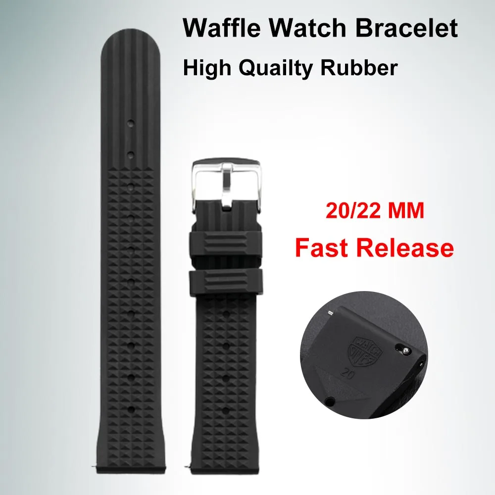 20mm/22mm Rubber Waterproof Waffle Watch Bracelet Black Diving Sport WristWatches Watch Strap Soft Silicone Watchband Replacment