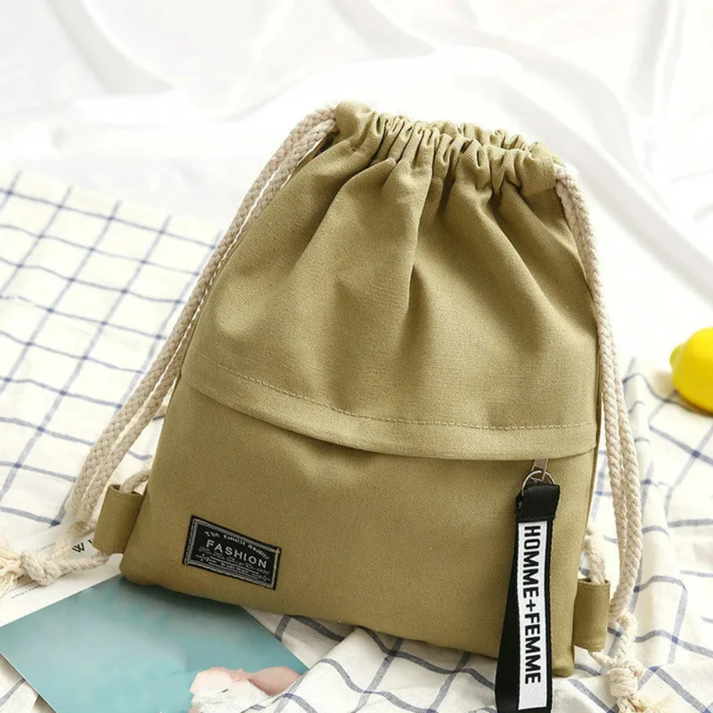 1 Pc Canvas School Bag Double Shoulder Drawstring Backpack Drawstring Pocket Portable Casual Backpack Women Men Travel Backpack