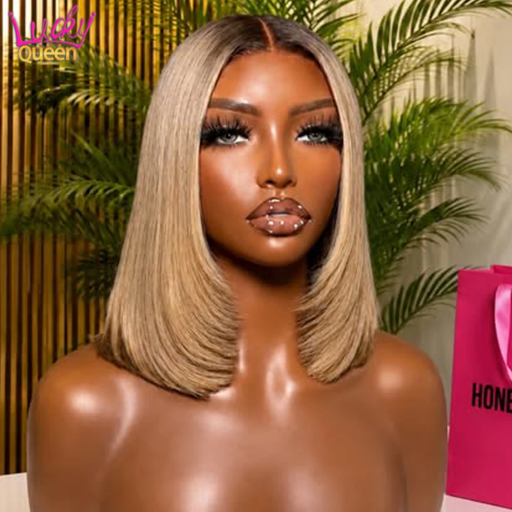 Ombre Blonde Colored Short BOB Cut Real Human Hair Straight T1B/27 13x4 Transparent Lace Frontal Human Hair Wig For Women