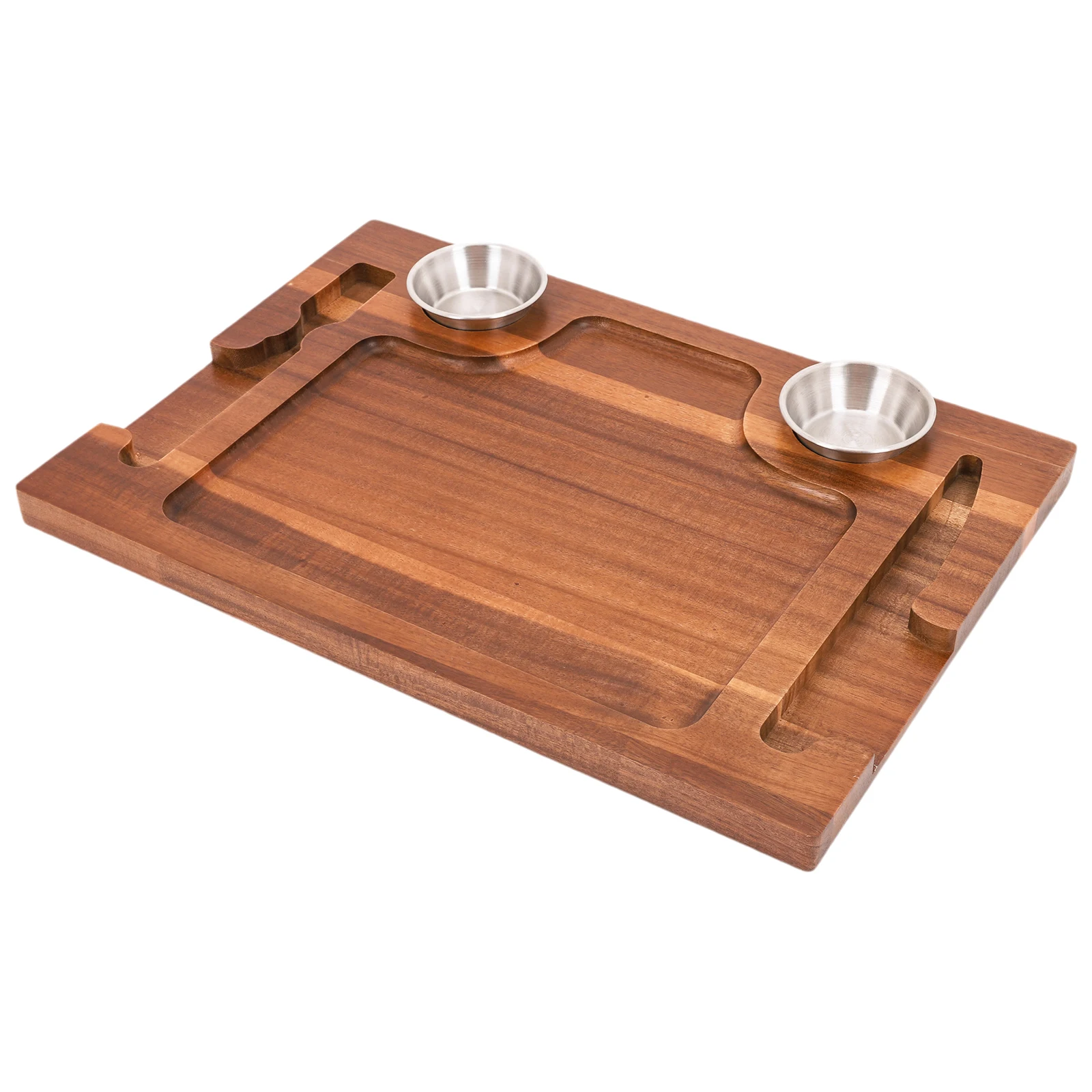 

Acacia Wood Serving Plate with Grooves Carved Meat Wooden Plate with 2 Sauce Cups for Meat Sausages Cheese
