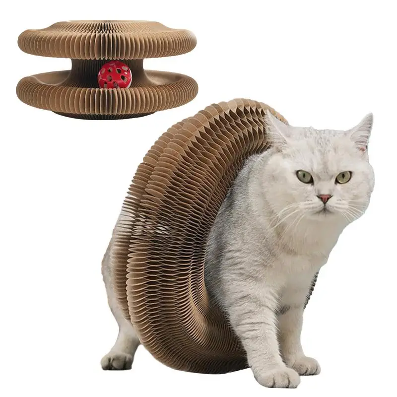 Cat Scratching Board Round Cat Corrugated Circular Interactive Cat Cardboard Toys Foldable Cat Accordion Toy With Bell Ball