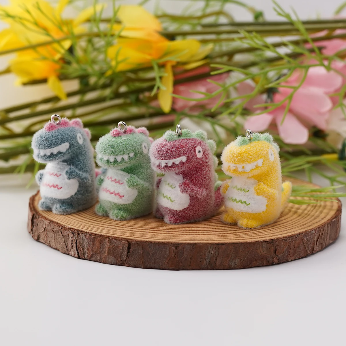 20pcs 3D Fluffy Flocking Animal Dinosaur Charms cute resin Cartoon Doll Pendant for DIY Jewelry Earring Keychain Make fittings