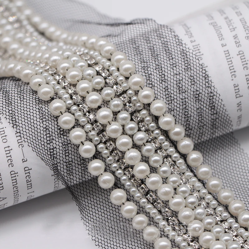 170CM/Piece Pearl Beaded Rhinestone Trims Sew on White Mesh Lace Ribbon FOR DIY Hair Clothes Wedding Dress Belt Accessories