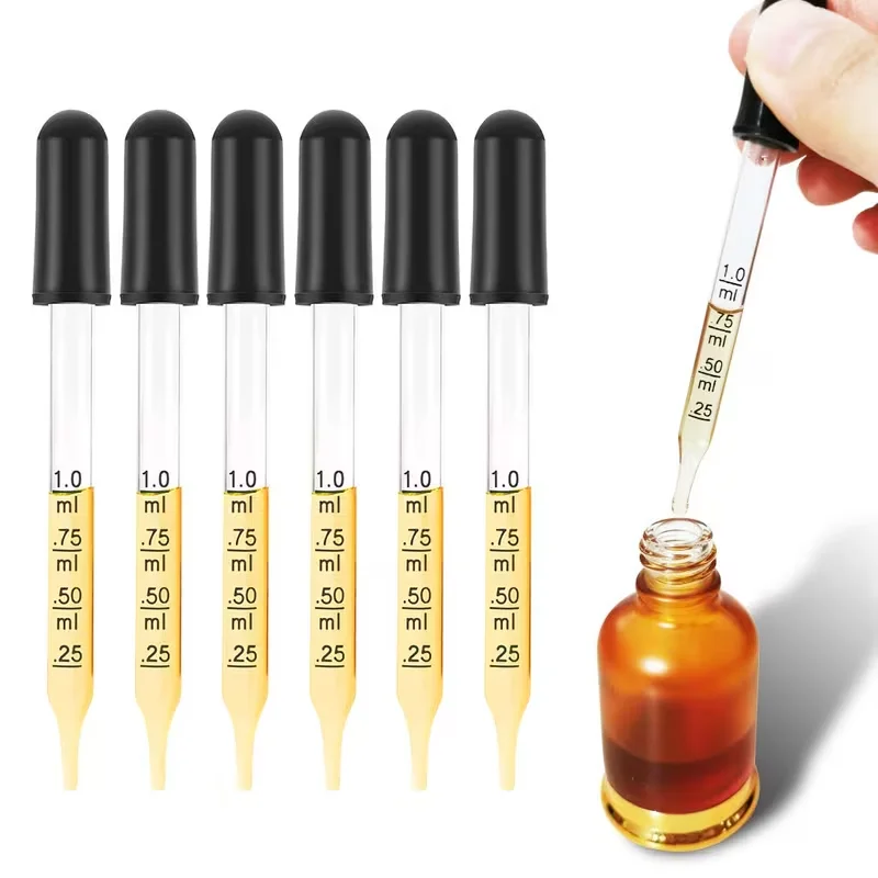 Calibration thick glass essential oil dropper with black rubber head - straight tip dropper suitable for laboratory and DIY
