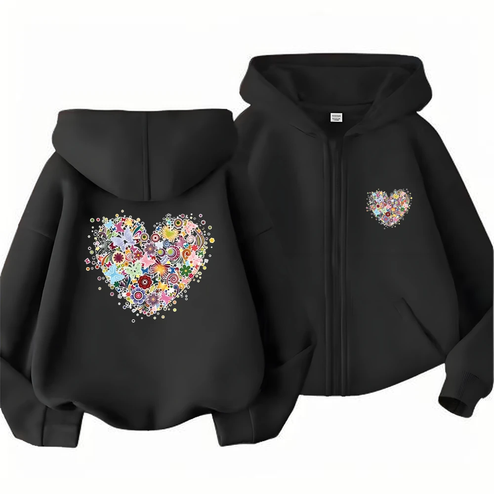 Children flower Heart shape Coat Zipper style Hoodies Pink little girl  Age 3-12 Kids Fashion black fashion long sleeves hoodie