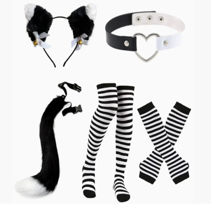 Set costume da gatto di Halloween con coda soffice, collare, fascia per capelli, guanti e calzini a righe - Poliestere e spandex, festa a tema animali