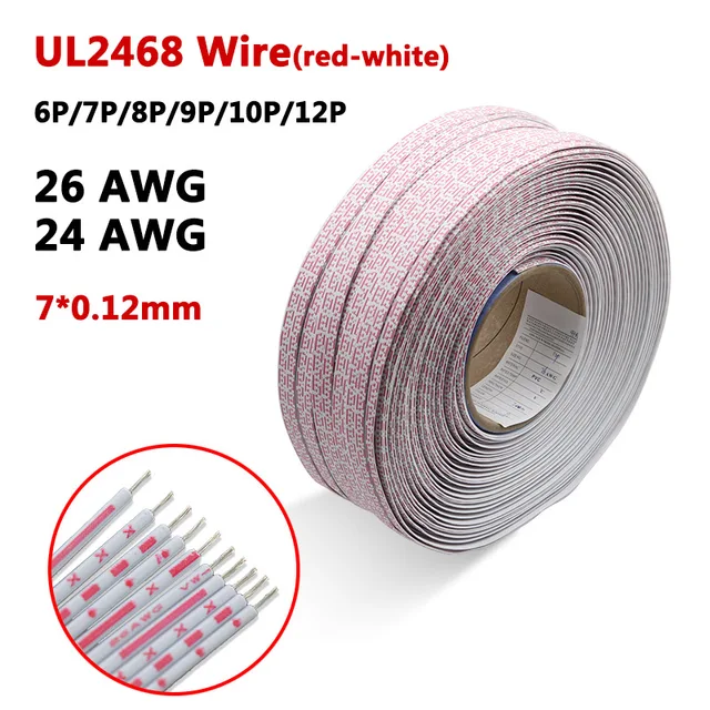 1M UL2468 płaski kabel taśmowy 26/24AWG wyświetlacz ledowy 2.54mm czerwony i biały przewód łącznikowy pcv 6P 7P 8P 9P 10P 12P