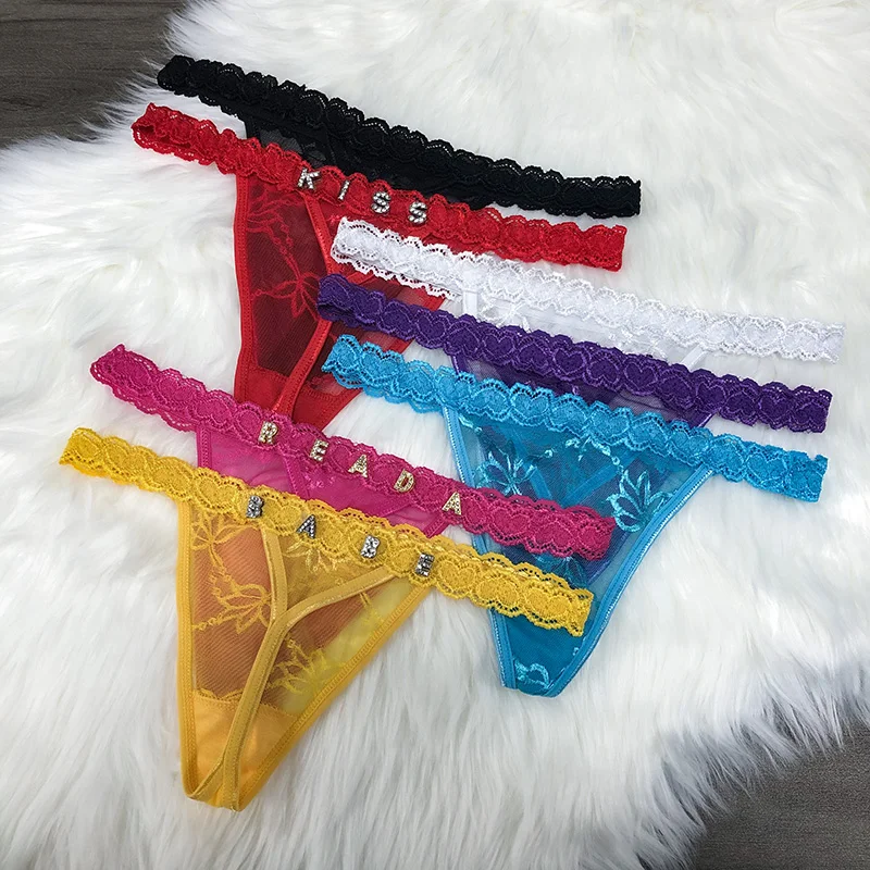 Custom Thong tanga Name Crystal Letter Women Sexy Lace Bikini G-String Panties Panty Girl Birthday Valentine Day Gift