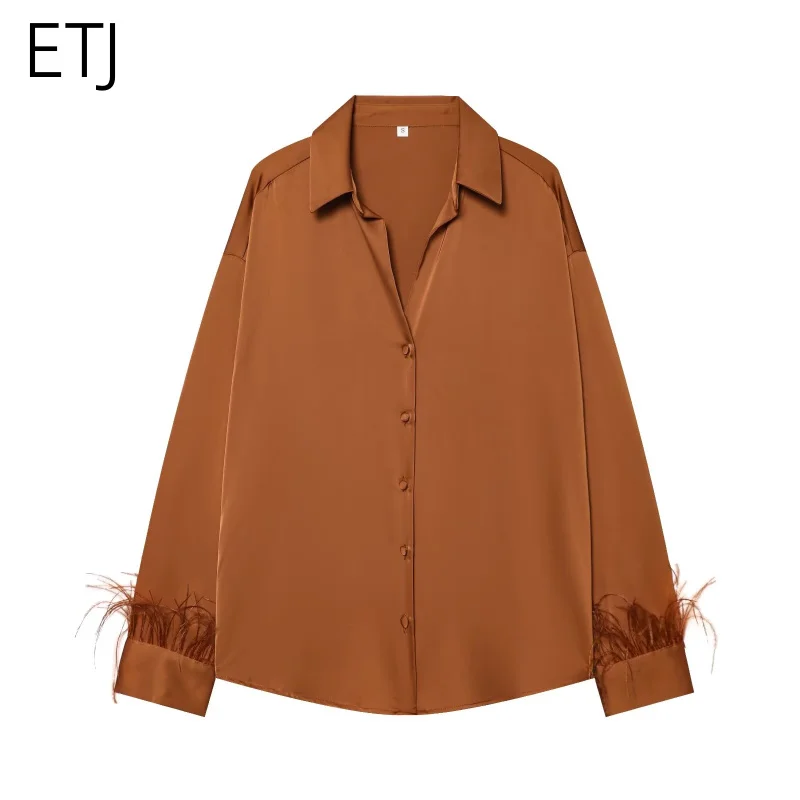 

ETJ women's spring collection elegant glossy fashion cuff with feather loose version of the long-sleeved shirt