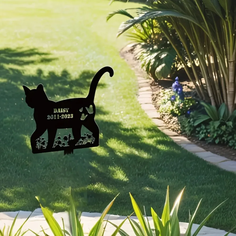 2D Flat Custom Cat Silhouette Wrought Iron Garden Stake Personalized Name Outdoor Decor Gift For Cat Lovers
