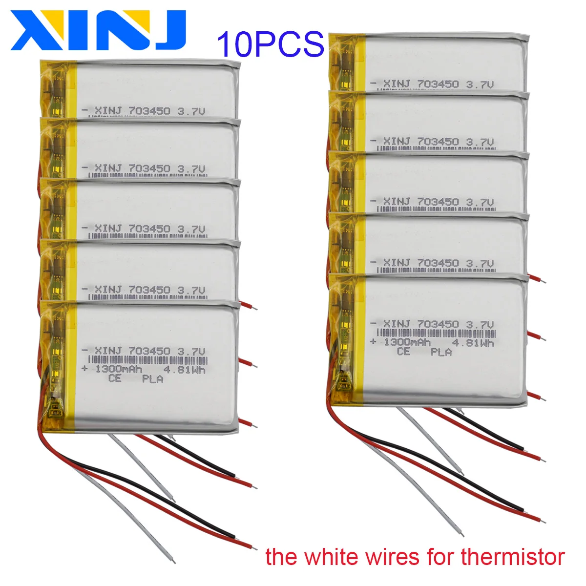 10pcs 3.7V 1300mAh 4.81Wh Rechargeable Polymer Lithium Lipo Battery Ions 3 Wires Thermistor 703450 For GPS Sat Nav Camera LED