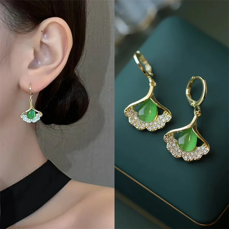 New S925 Silver Needle Cat Eye Stone Ginkgo Leaf Eardrops Earrings and Buckles for Women's Jewelry