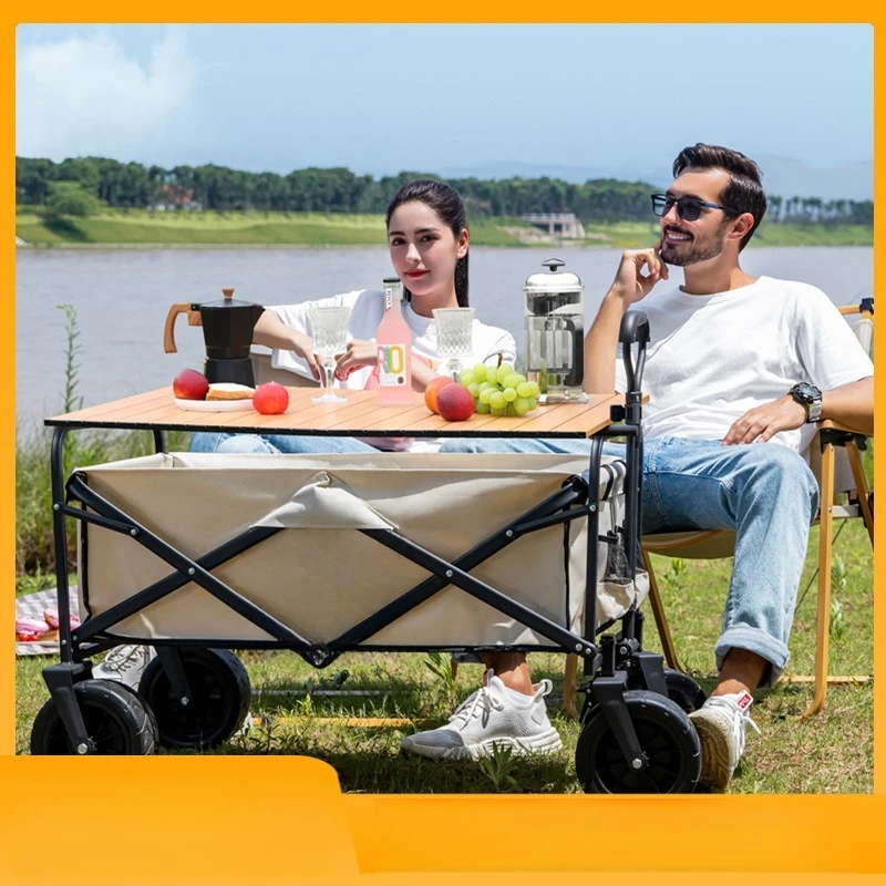 Collapsible Folding Wagon Cart with Big All-Terrain Wheels, Heavy Duty Foldable Beach Cart with Brakes, Utility Grocery