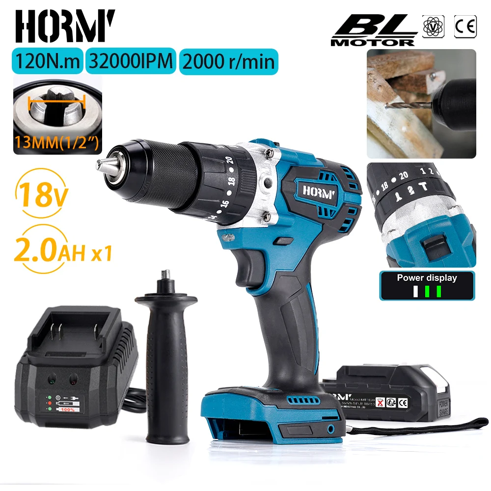 

Brushless Electric 18V Impact Drill 120N.m 3 in 1 Electric Screwdriver with Handle Electric Hammer Power Tool For Makita Battery