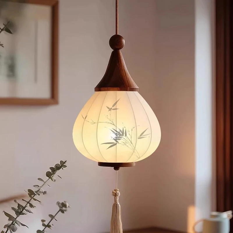 French Vintage Teardrop Shape Printing Fabric Ceiling Pendant Light Living Room Bedroom Restaurant Tea House Wooden Hanging Lamp