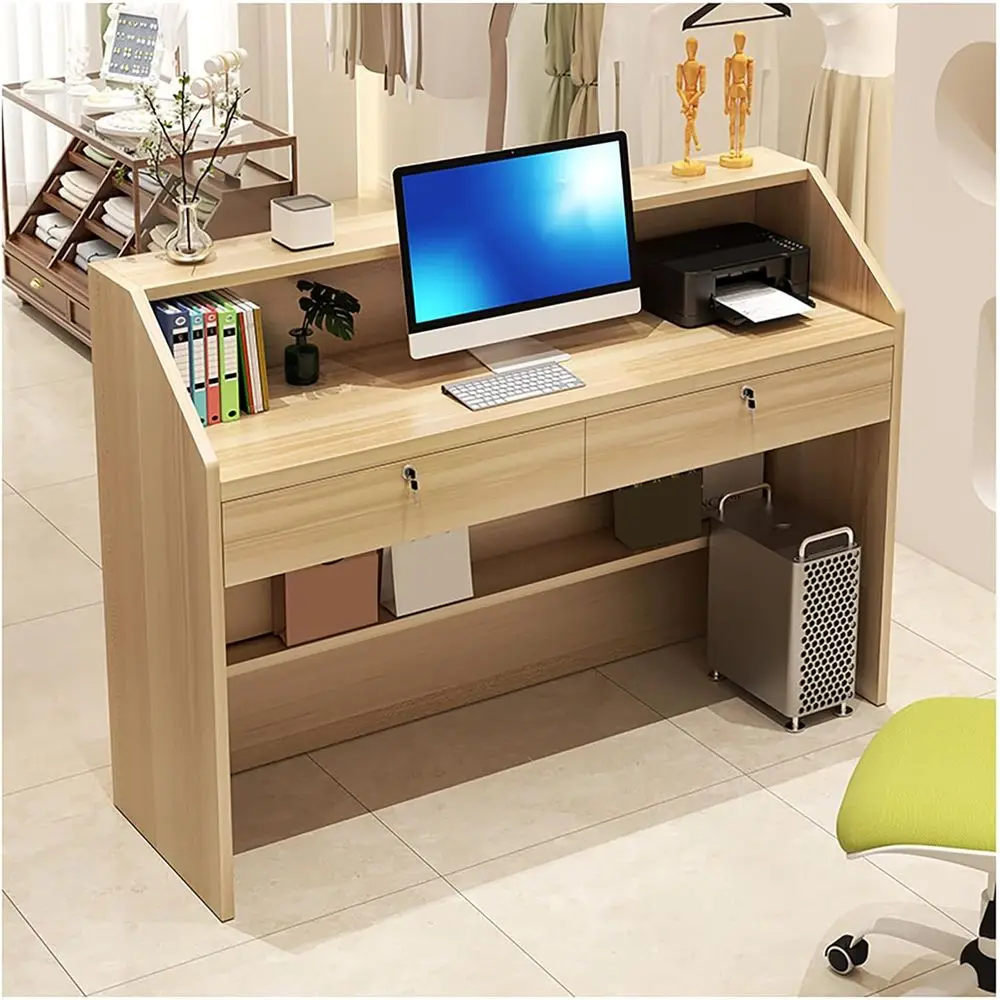 

Reception Desk 39 Retail Counter Checkout w/Lockable Drawer Secretary Front Desk for Salon, Lobby (Walnut)