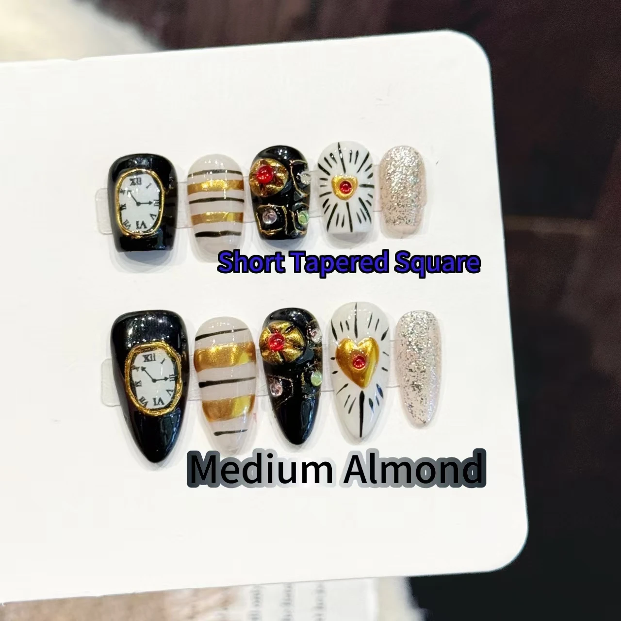 10PCS Handmade Press On Nails Black Gold Clock Heart Rhinestone Short Almond False Nails Glamorous DesignWith 4-PIECE Tool