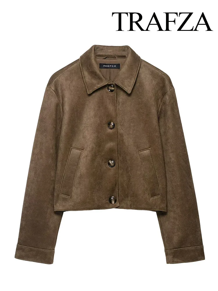 

TRAFZA Women Autumn Elegant Casual Street Short Coat Female New Fashion Lapel Single-breasted Pockets Decorate Long Sleeve Jacke