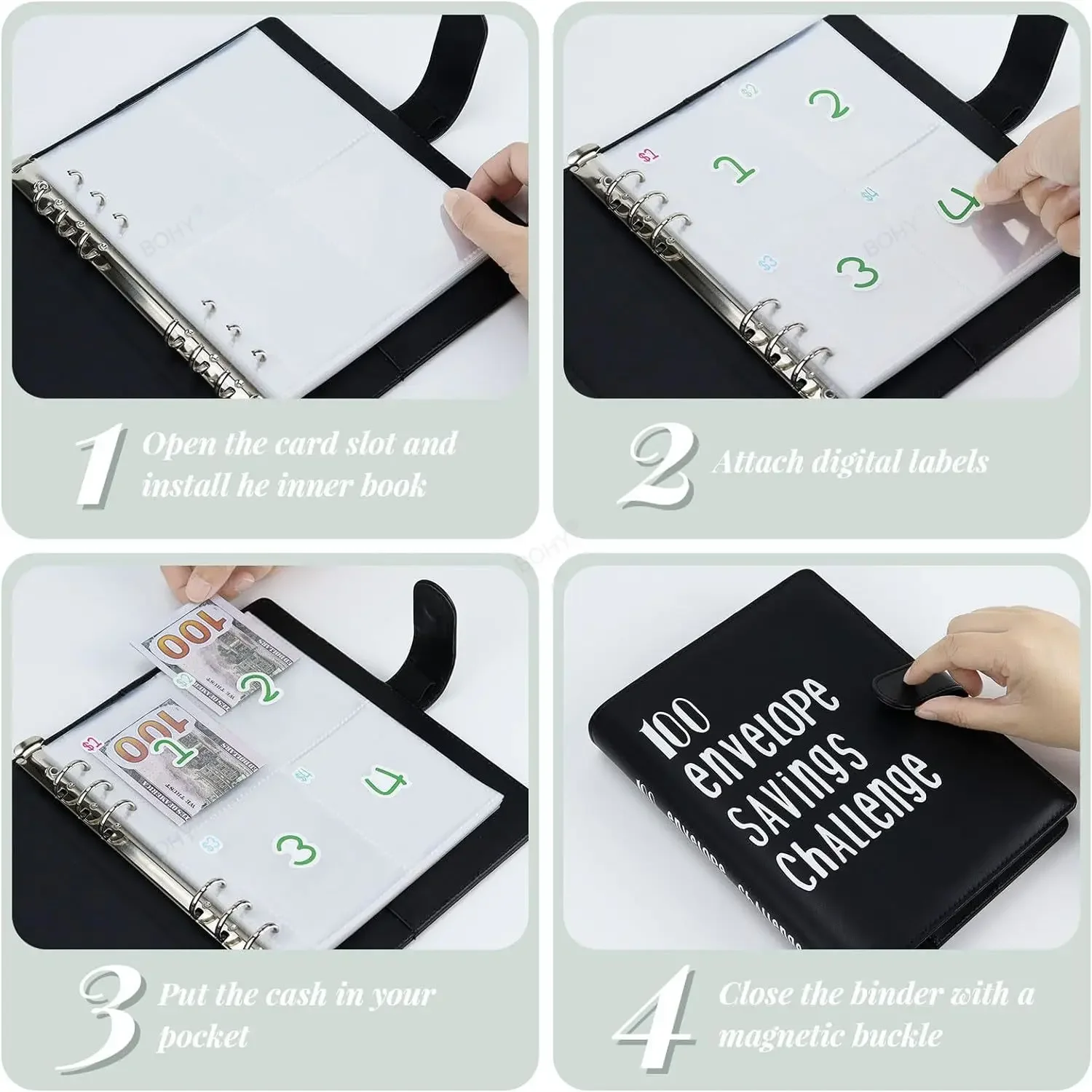 Money Saving Challenge Binder com dinheiro Envelopes Tracker e adesivos, 5050 dólares, envelope, 100 Envelopes