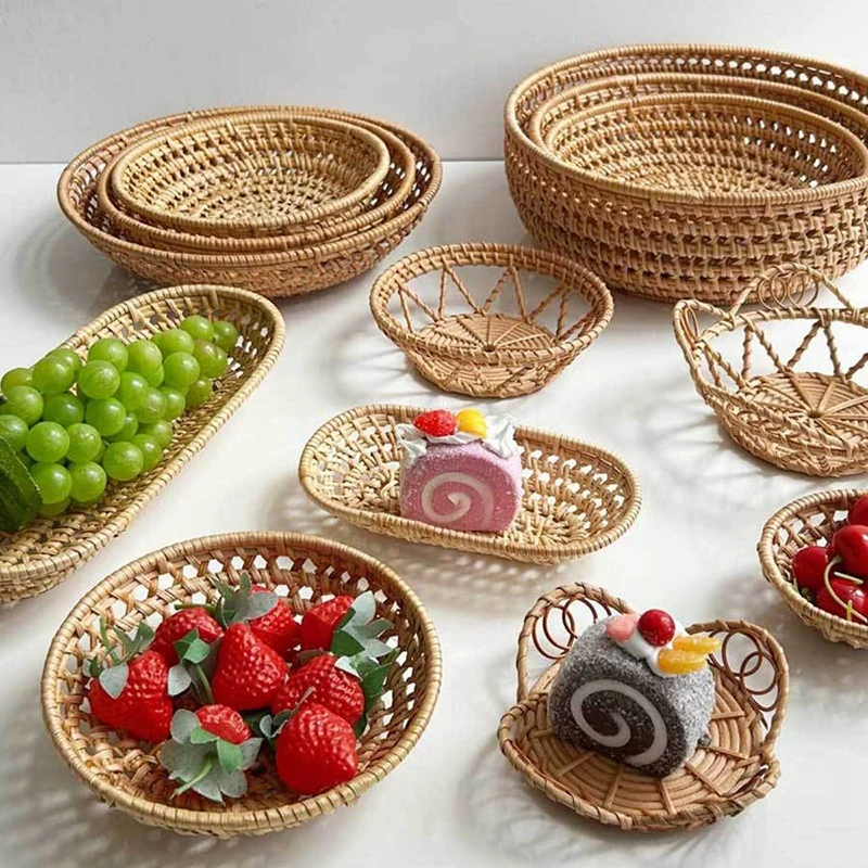 Handgewebtes Rattan-Tablett für die Küche, Obstschalen, Herbst-Efeu-Aufbewahrungstablett, Esstisch, Teeteller, Schreibtisch, Geschirr, dekoratives Tablett