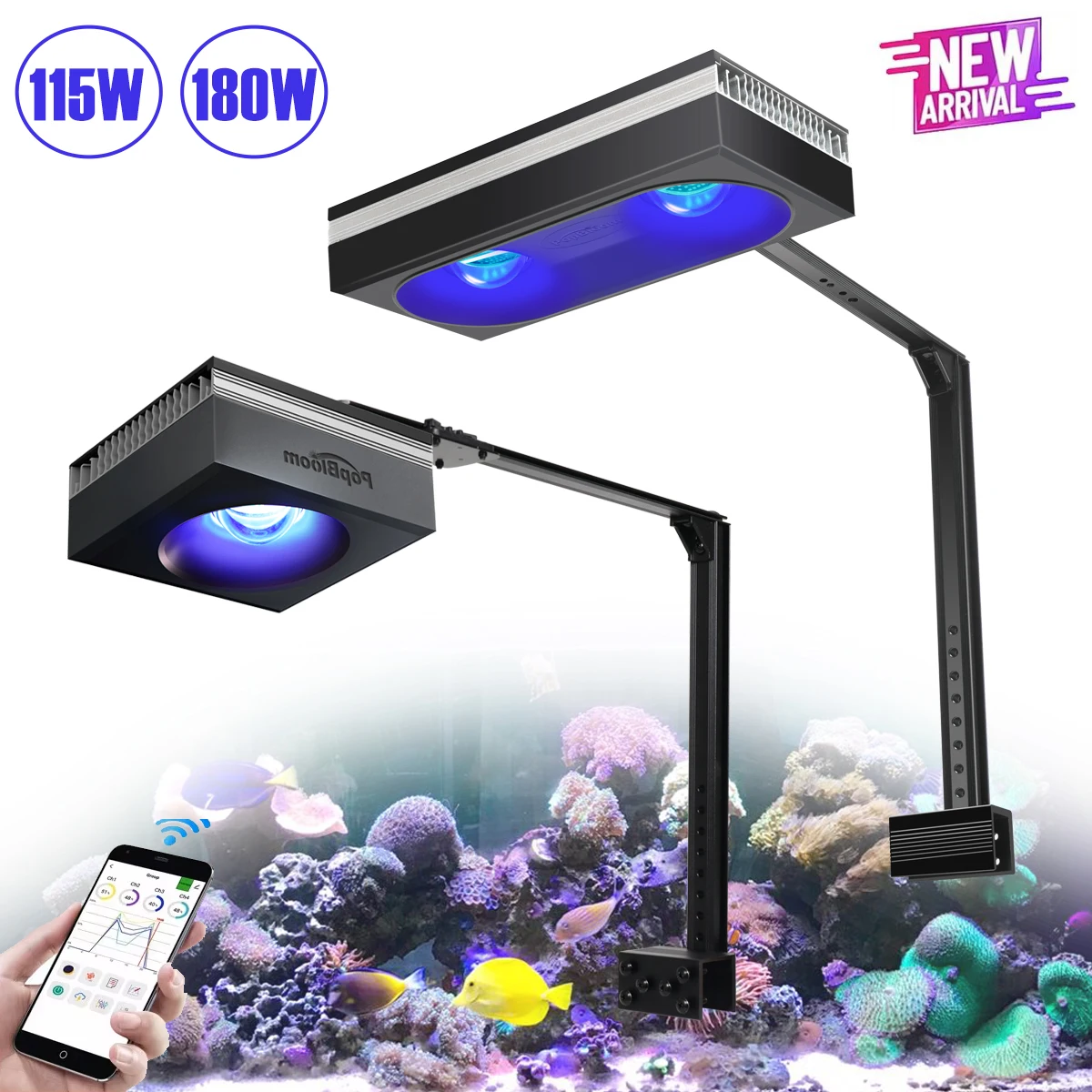 Neueste PopBloom RL115 Aquarium-Riffbeleuchtung, Professionelle Hochleistungs-Aquariumlampe mit Vollspektrum für SPS/LPS Korallen-Fischbecken LED
