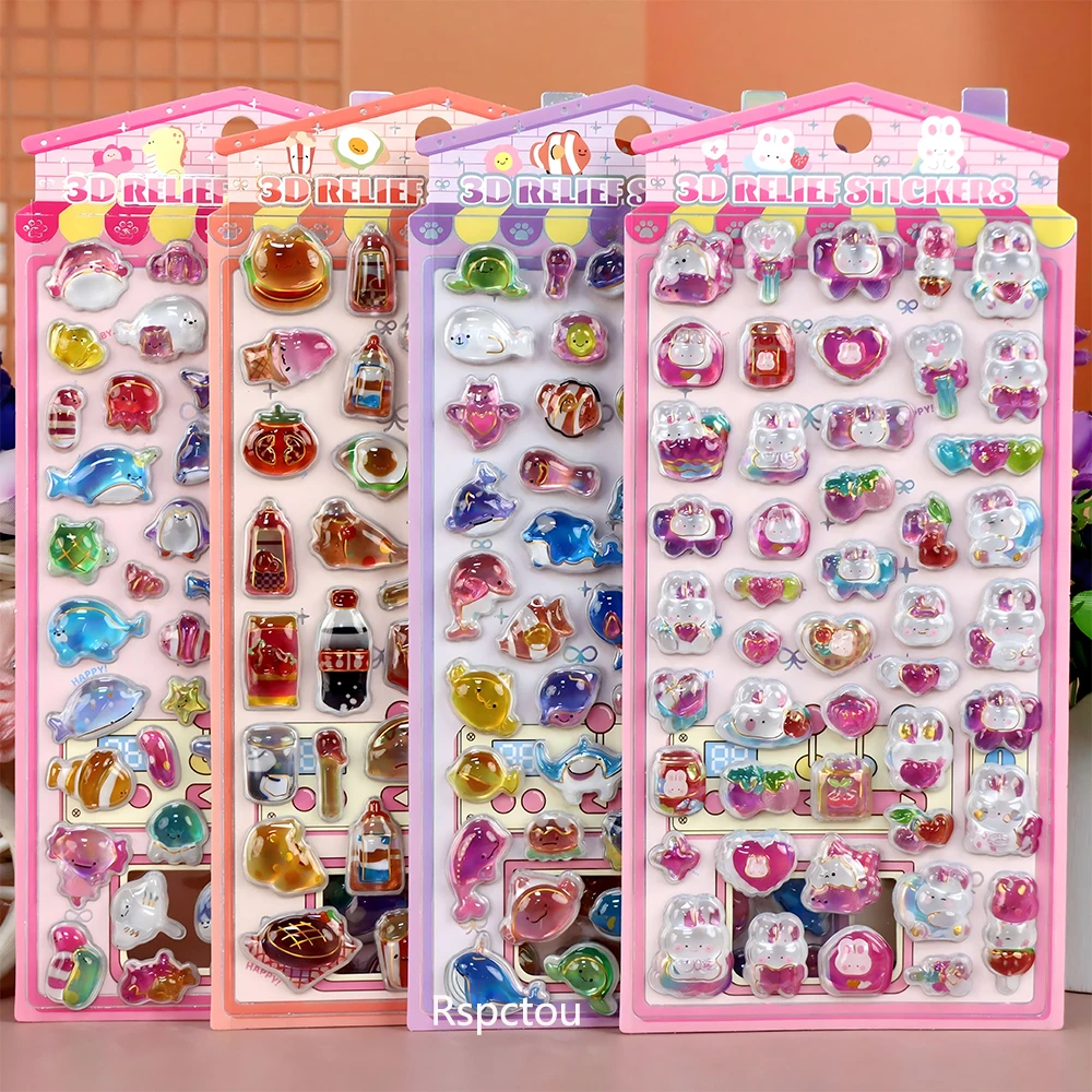 

1/12pcs Cute Cartoon Animal Marine Life Relief Stickers Kawaii Cat Dog Pattern 3D Crystal Sticker Luggage Phone Decals Toy Decor