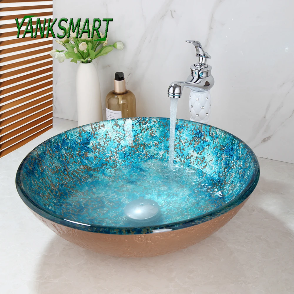 YANKSMART Art Round Tempered Glass Sink Hand-Paint Lavatory Deck Mounted Basin Bathroom Washbasin Mixer Water Tap Combo Kit