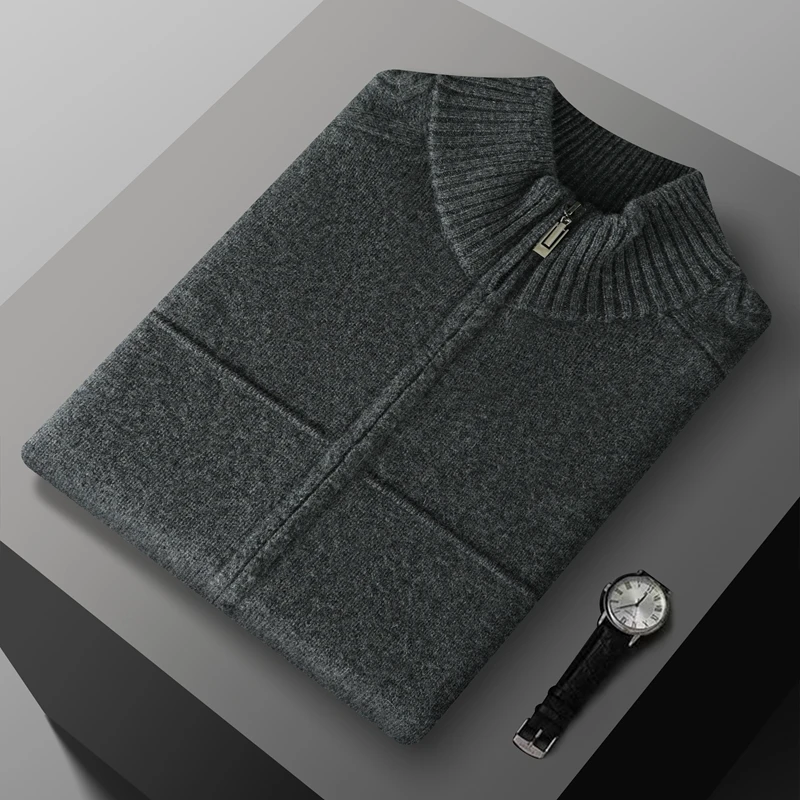 Classic Men Pure European Wool Cardigan Business Casual Sweater O-Neck Zipper Vertical stripe style High-quality Warm Thick Coat