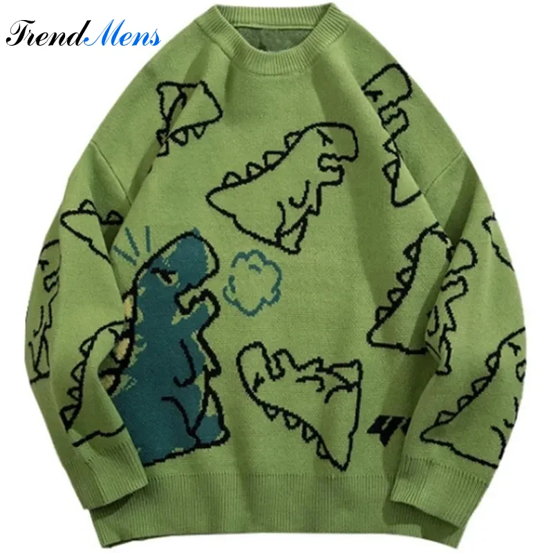 

Sweater Men Harajuku Fashion Knitted Hip Hop Streetwear Dinosaur Cartoon Pullover Oversized Casual O-Neck Women Vintage Sweaters