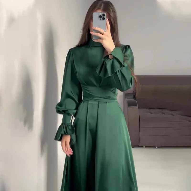 Talenza Elegant Ruffled Long Sleeve Long Dress Women's Fashion Bandage Evening Dress Retro Slim Lace Up Solid Color Long Dress