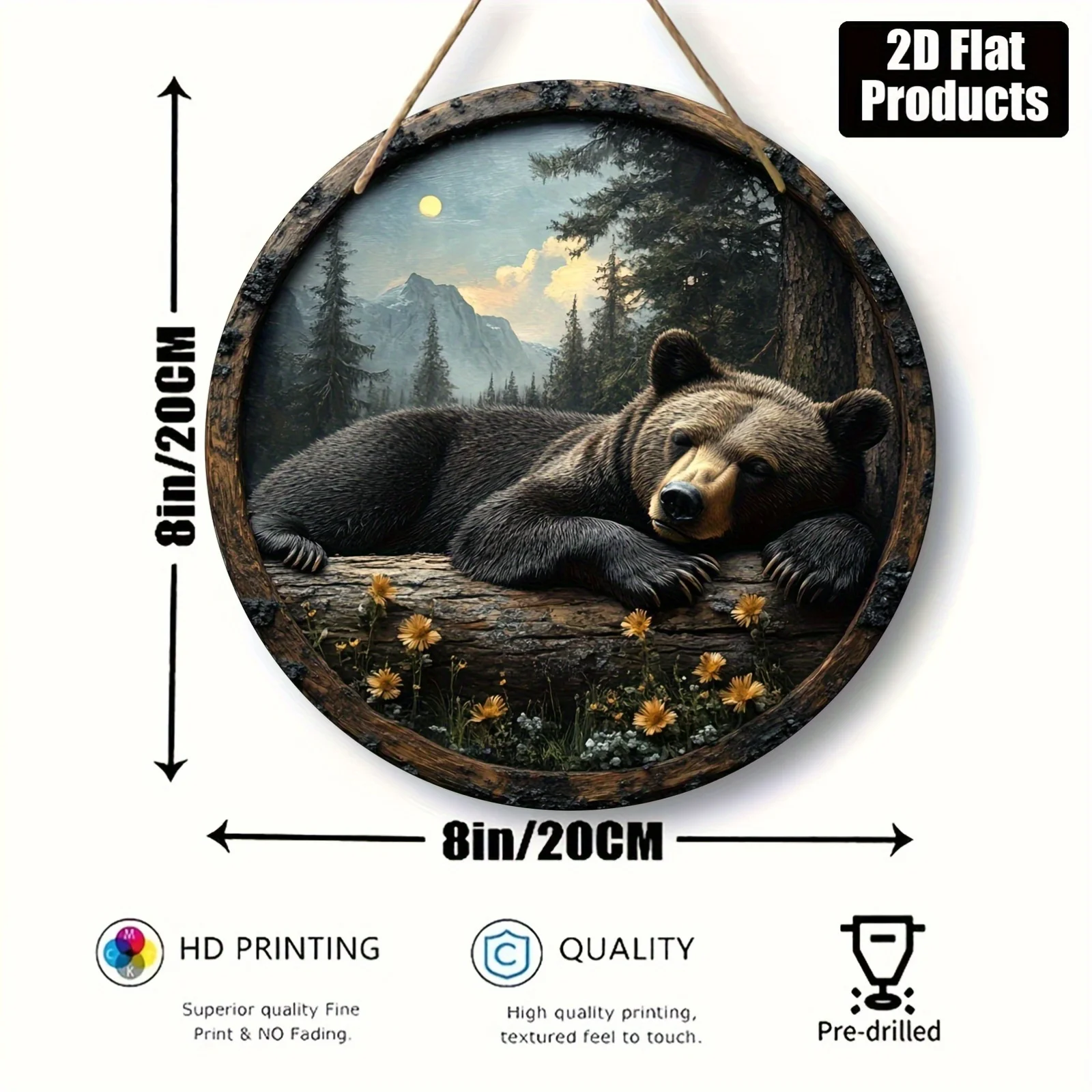2D Plane, 1pc, Round Wood Board Decorative Painting Sign, American Black Bear Theme, Suitable for Bar Kitchen Cafe Family Room L