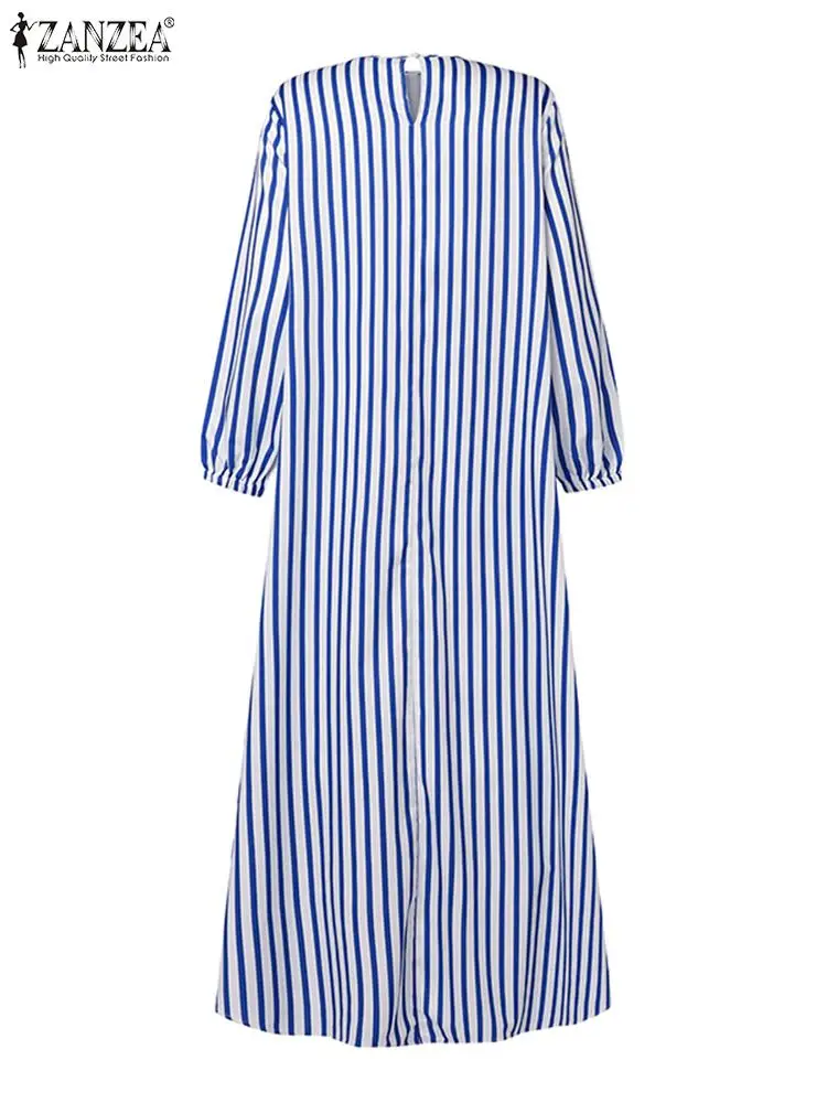 ZANZEA Muslim Fashion Striped Maxi Dress Women Casual Loose O Neck Long Sleeve Abaya Robe Islamic Hijab Streetwear Long Vestidos