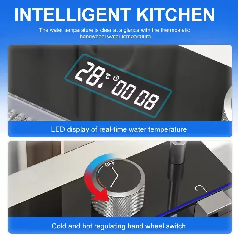 Kitchen Sink Multifunction LED Digital Display With Pull-Out Faucet Anti-Scratch Stainless Steel Kitchen Sinks