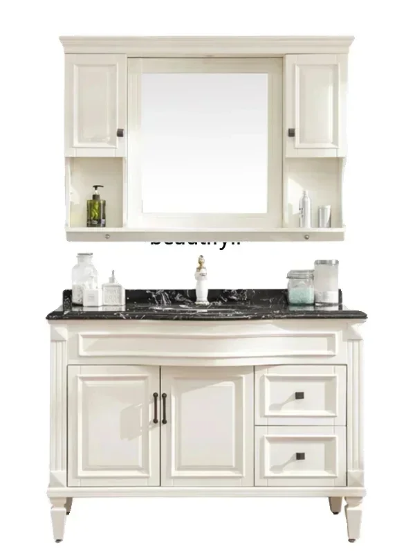 American oak bathroom cabinet, smart mirror cabinet, curved solid wood floor-to-ceiling marble sinkHY