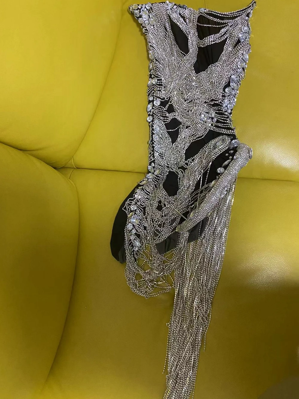 Vestido transparente de malla con flecos y diamantes de imitación brillantes para mujer, para celebrar cumpleaños vestido de noche, traje de graduación, ropa Sexy para espectáculo de escenario