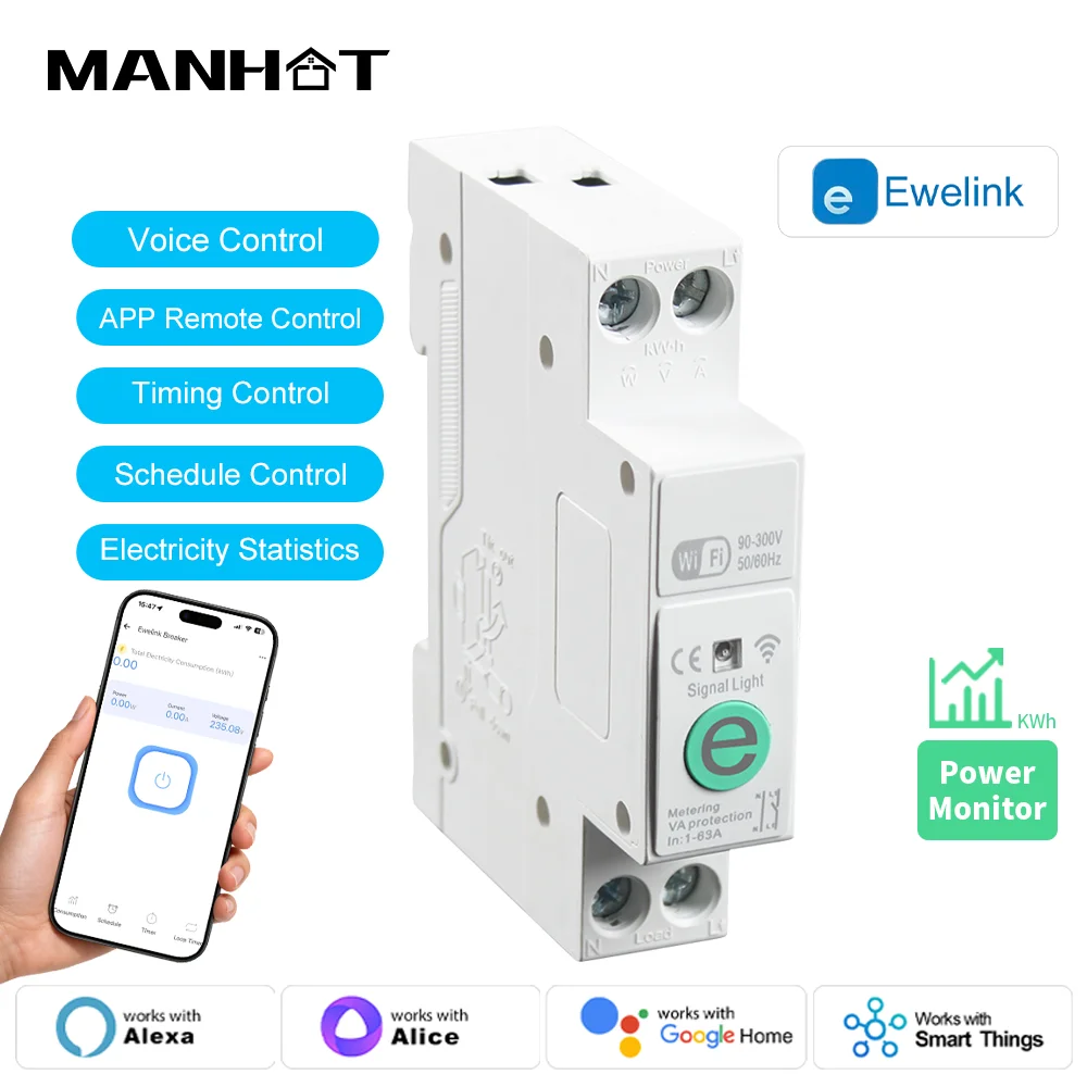 1P+N eWeLink WIFI Smart Circuit Breaker 63A Energiezähler KWh Leistungsmessung Timer Spannungsschutz Fernbedienung Smart Life