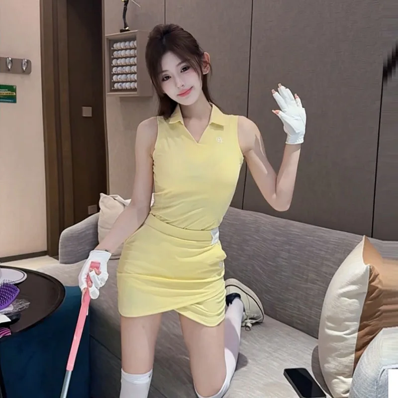 PL Golf Wear Women Slim Sports Pencil Skirt Summer Golf Tank Tops Ladies V-neck Sleeveless Breathable T-shirt Cross Slim Skorts