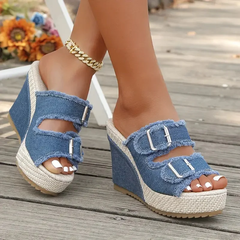 New Wedges Platform Women Sandals Summe Straw Weaving Thick Sole Denim Slippers Fashion Casual Double Buckle Strap Sandals Women