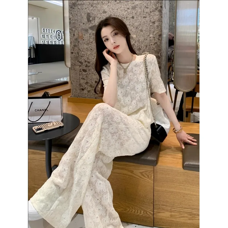 

New High End Lace Hollow Out Summer Women's Suit Korean Fashion O-neck Short Sleeve Top + Wide Leg Pants Casual Two Piece Set