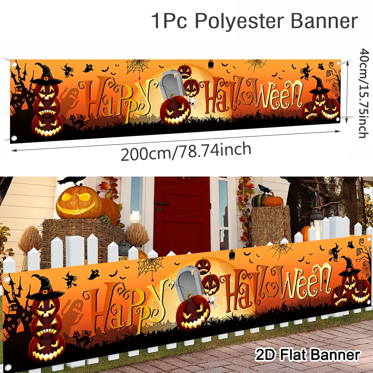200x40cm Halloween Polyester Banner Orange Spooky Pumpkin Pattern Backdrop with Holes Rope Home 2026 Halloween Party Decoration