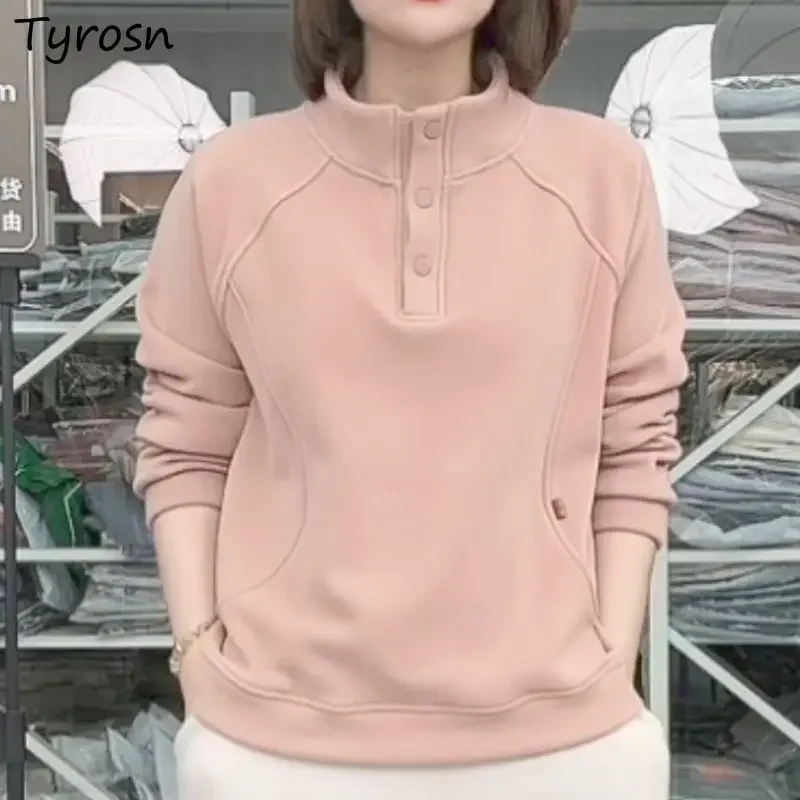 Hoodies Frauen Button Up Pullover Solide Einfache Damen Ins Koreanischen Stil, Mode, Casual Alle-spiel Verdicken Wind-proof harajuku