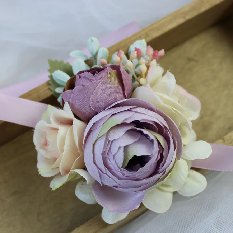 Boutonniere y ramillete de muñeca, etiqueta de boda, celebración de negocios, conferencia, invitados, flor de pecho, púrpura, DH99